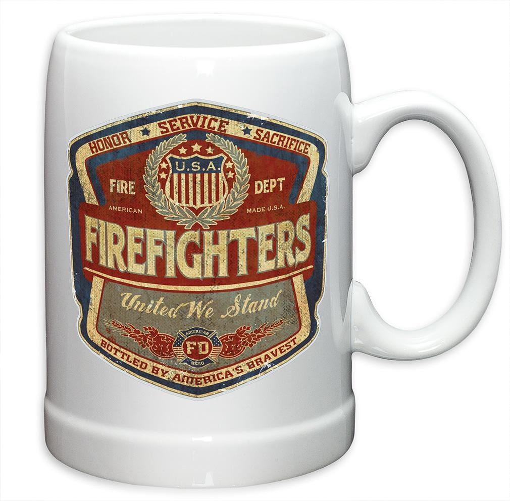 Firefighter Denim Fade Beer Label Stoneware White Coffee Mug Gift Set