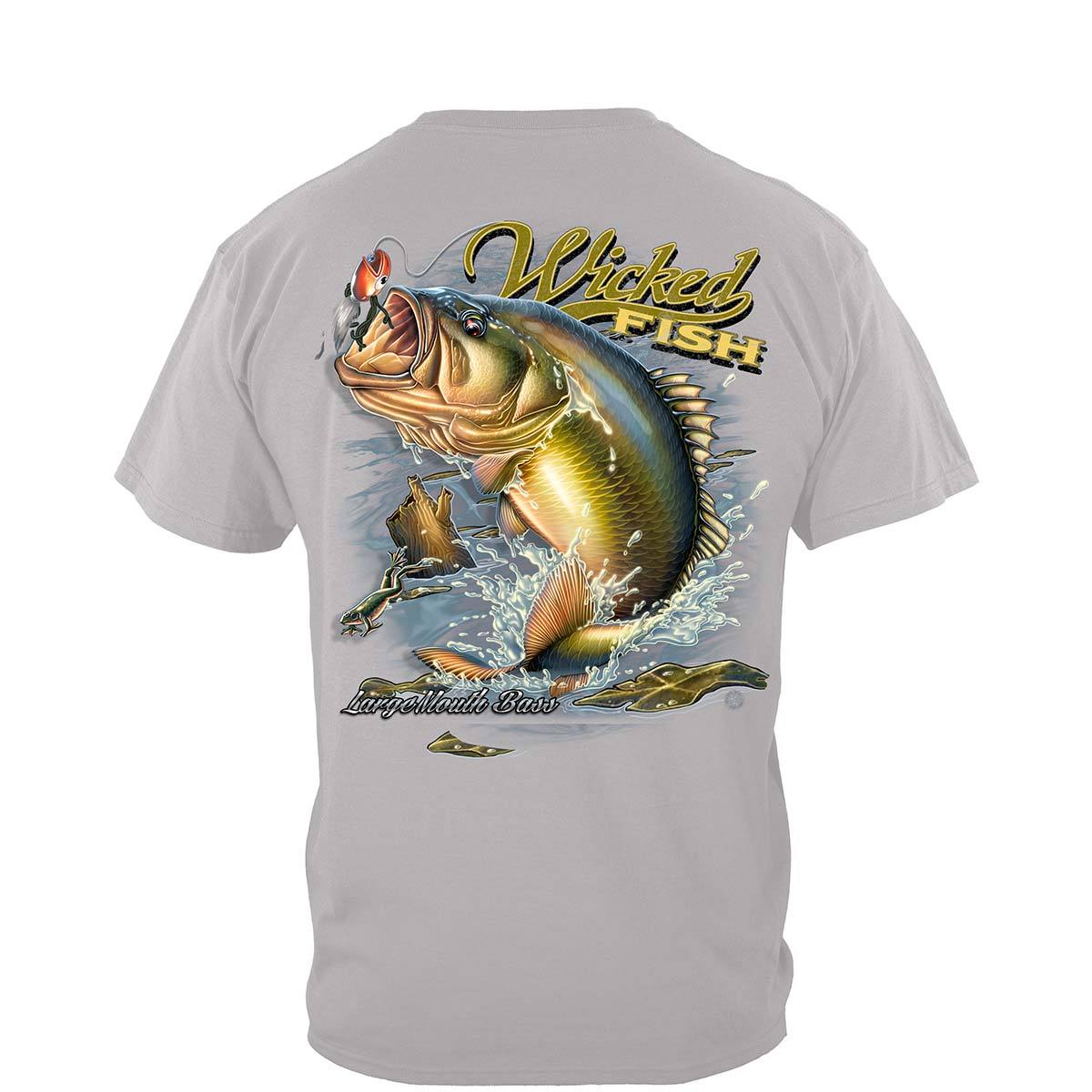 Fishing T-Shirt Wicked Fish Large Mouth Bass with Popper Jumping Frog Ice Gray