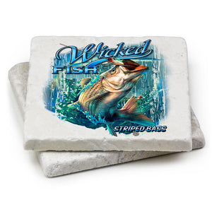 More Picture, Fishing Wicked Fish Striped Bass with Popper Air Born Ivory Tumbled Marble 4IN x 4IN Coasters Gift Set