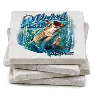 More Picture, Fishing Wicked Fish Striped Bass with Popper Air Born Ivory Tumbled Marble 4IN x 4IN Coasters Gift Set